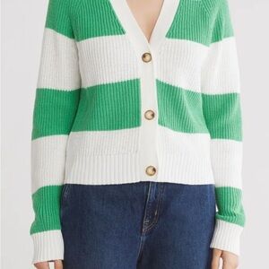 Varsity Cardigan Design History Green and White Striped Women's Sweater